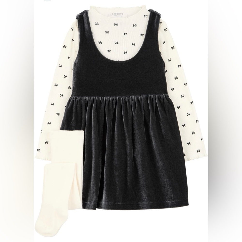 Carter’s Adorable Black Dress With White Long Sleeve Top Girls Set 3 Pieces - Picture 4 of 13